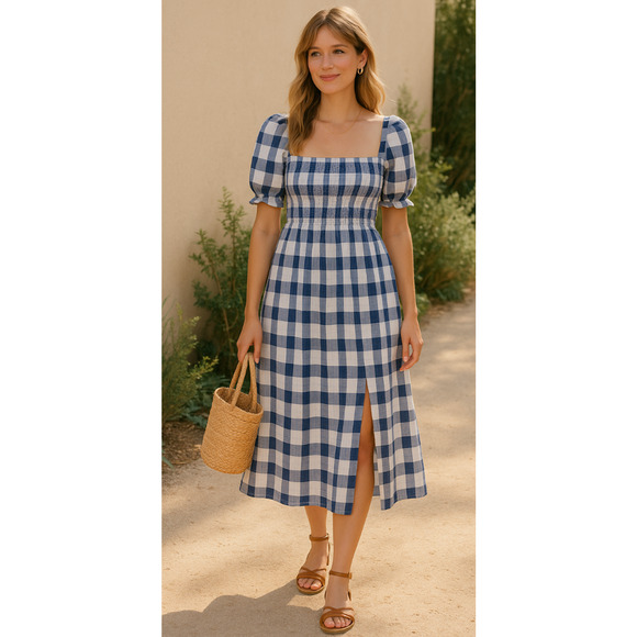 Reformation S Marabella 100% Linen Midi Dress Puff Sleeve Gingham Blue Plaid 4 6 - Picture 9 of 9